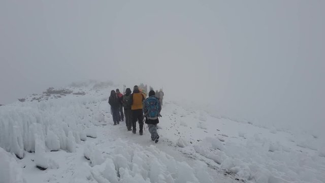 People Walking Through Snow Blizzard on Kilimanjaro Summit