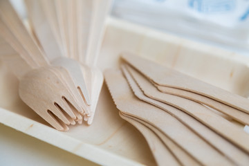 The individual forks and knives made of a tree lie on a plate