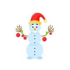 Cartoon flat cute and happy snowman with santa hat, vector flat catoon illustration