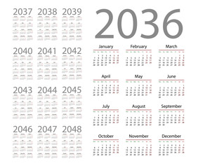 Simple calendar 2036 on white background. Vector illustration
