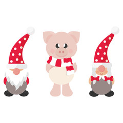cartoon christmas dwarf boy and girl and winter pig with scarf
