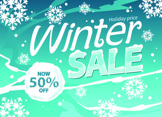 Winter Sale banner with text and many snowflakes, vector illustration