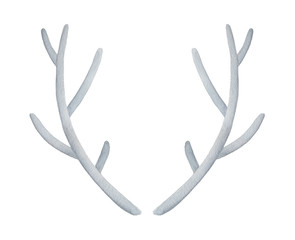 Pair of big grey deer horns, branched bony antlers. Symbol of wild life, protection, nature, winter, respect. Handdrawn watercolour painting on white, cutout element for design decoration, front view.