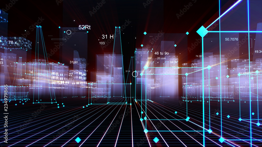 Poster 3d rendering technological digital background consisting of a futuristic city with data