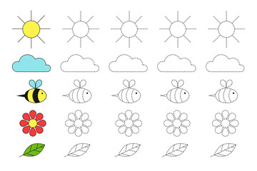 drawing worksheet for preschool kids with easy gaming level of difficulty. Simple educational game with sun, cloud, bee, flower and leaf for children