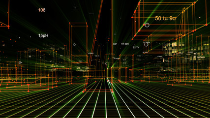 3D Rendering technological digital background consisting of a futuristic city with data