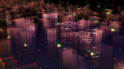 3D Rendering technological digital background consisting of a futuristic city with data