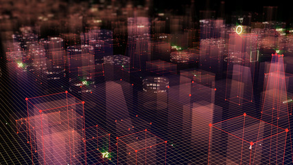 3D Rendering technological digital background consisting of a futuristic city with data