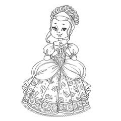 Beautiful princess holding letter in an envelope outlined picture for coloring book on white background