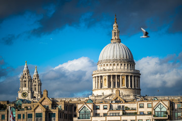 St. Paul's Cathedral, London, England against blue skies on sunny day
