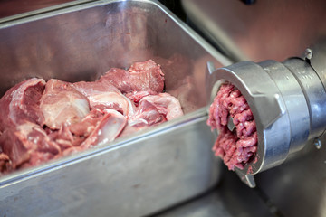 Minced meat making, professional meat cutting, Fresh raw minced meat preparation