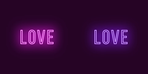 Inscription of Love in neon style. Vector Text