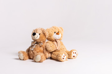 Two toy bears sitting on a white background