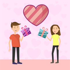 Flat Couple makes gift to each other on Valentines day on pink background