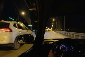 driving a car at night on the way
