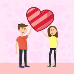 Flat Couple holding heart on Valentines day on pink background