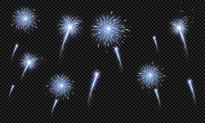 Festive patterned fireworks in the city, bursting in various forms, sparkling pictograms Abstract. New Year and birthdays. Vector illustration