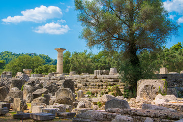 Fototapeta na wymiar Temple of Zeus in the most prominent position of the sanctuary in the archaeological site of Olympia in Greece