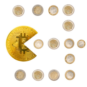 Bitcoin Pacman Shape Eating Euro Coins Isolated On White. Bitcoin Cryptocurrency Banking Money And Euro Coins