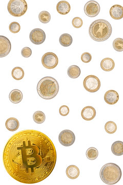 Bitcoin with money coins background. Bitcoin cryptocurrency banking moneyand Euro coins money isolated on white
