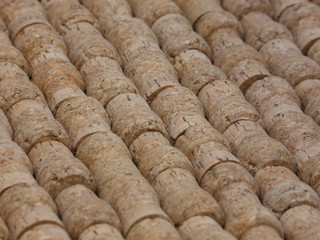 Many Champagne Corks Shown Up Close in an Angled View