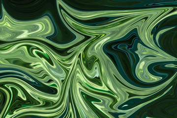 Liquify Abstract Pattern With DarkGreen, ForestGreen And OliveDrab Graphics Color Art Form. Digital Background With Liquifying Flow.