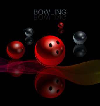 Bowling. Skittles and a red ball with a mirror image on the glass. Night image. Realistic vector poster.