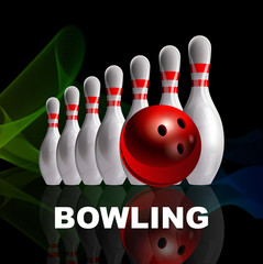 Bowling. Skittles and a red ball with a mirror image on the glass. Night image. Realistic vector poster.