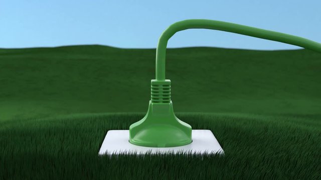 front view of a green plug coming and connects into a white socket in a meadow of grass moved from a light breeze, then a "green energy" text with energy particles around it appears in the foreground
