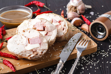 Roulade of stuffed chicken