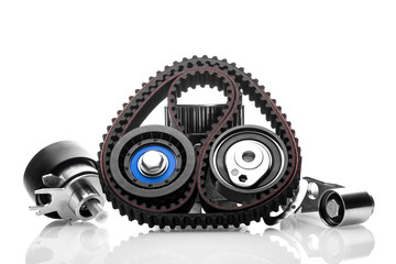 kit of timing belt on white background