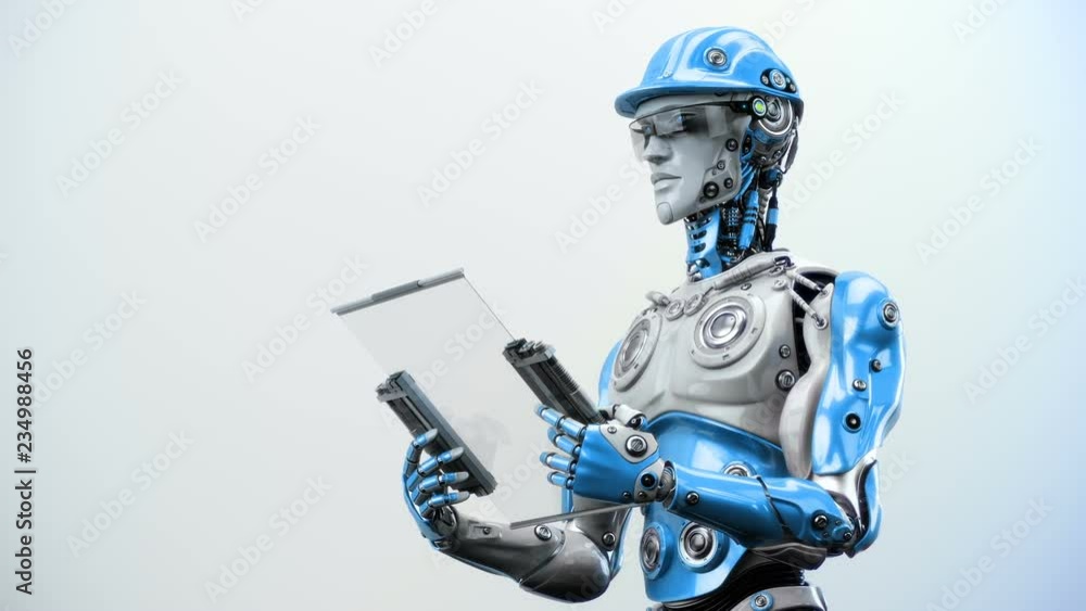 Poster intelligent ai robot man looking to the tablet. moving camera, 3d rendering