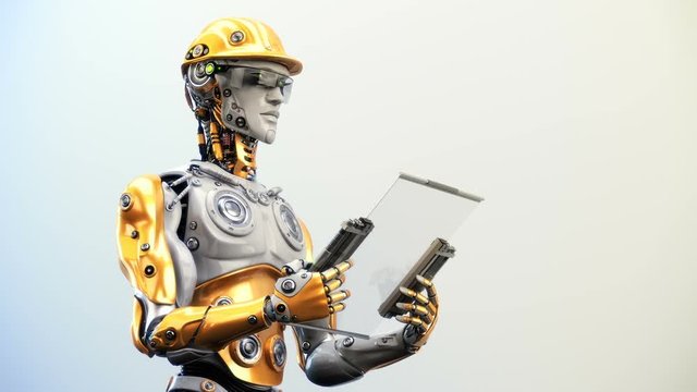 Intelligent AI robot man looking to the tablet and tapping on it, 3d rendering