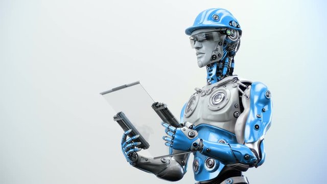 Intelligent AI robot man looking to the tablet. Moving camera, 3d rendering