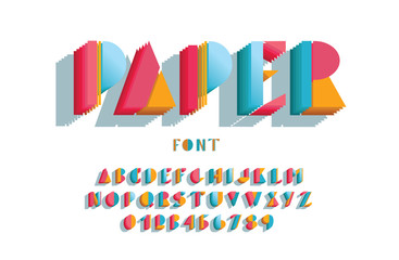 Stylized paper colorful font and alphabet for banners, postcards and posters. Vector illustration