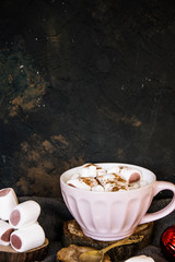 Good New Year spirit. Coffee with marshmallows and cinnamon. Pink mug. Cooking yourself. Photos for coffee. Home comfort. New Year. Christmas time. Winter mood.