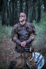 viking with red beard with armor shield and sword in the battle field - 234991290
