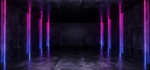 Elegant Sci Fi Minimalistic Futuristic Dark Grunge Concrete Room With Pink Purple Blue Glowing Neon Tube Lines With Reflection Empty Space For Text 3D Rendering Illustration
