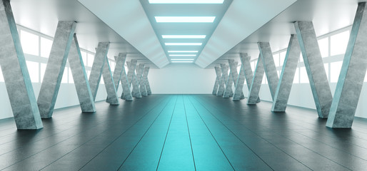 Sci Fi Futuristic Bright Alienship Modern Reflective Corridor Empty Tunnel With Concrete Tiled Floor And Concrete Big Columns And Blue Lights Technology Background Concept 3D Rendering