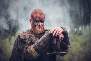 viking with red beard with armor shield and sword in the battle field