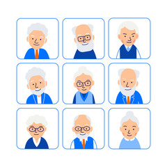 Set avatars old people. Illustrations of heads of elderly people in rounded squares. Symbols aged faces. Illustration of people characters isolated on white background in flat style