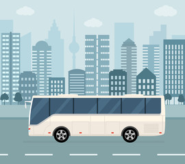 White bus on city background. Concept of public transport. Flat style vector illustration.