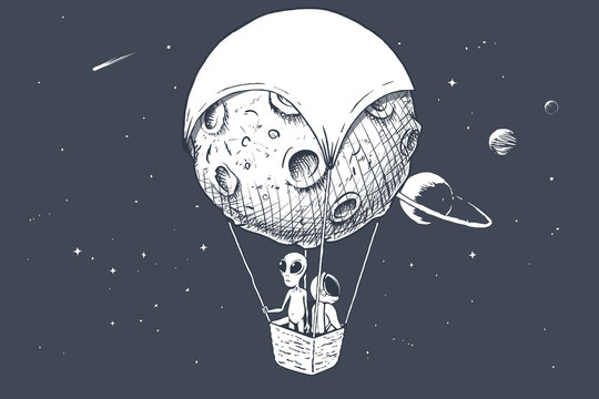 alien and astronaut travels by on aerostat