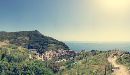 Traditional port town with colorful mediterranean architecture.