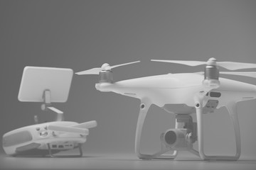 Flying drones on black background. Theme selling and buying drone