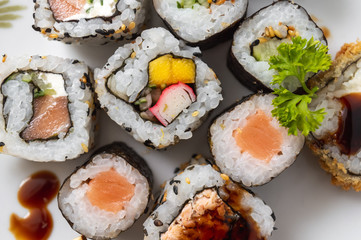 Japanese food on a white plate seen from top