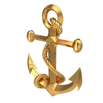 Golden sea anchor on an isolated white background. 3d illustration