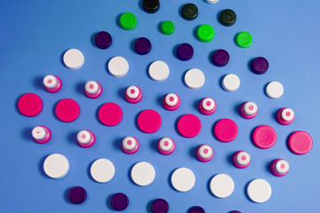 Many different types used or new battery, rechargeable accumulator, alkaline batteries on color background.