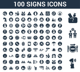 100 Signs universal icons set with Silence, Restaurant, Waiting room, Lost items, No touch, phone, Wheelchair, Air conditioner, Garbage, Nuclear