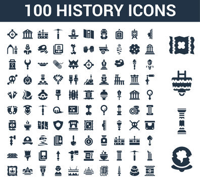 100 History universal icons set with World, Pillars, Cart, Map, Face, Stone, Sword, Old paper, Egypt, Fossil